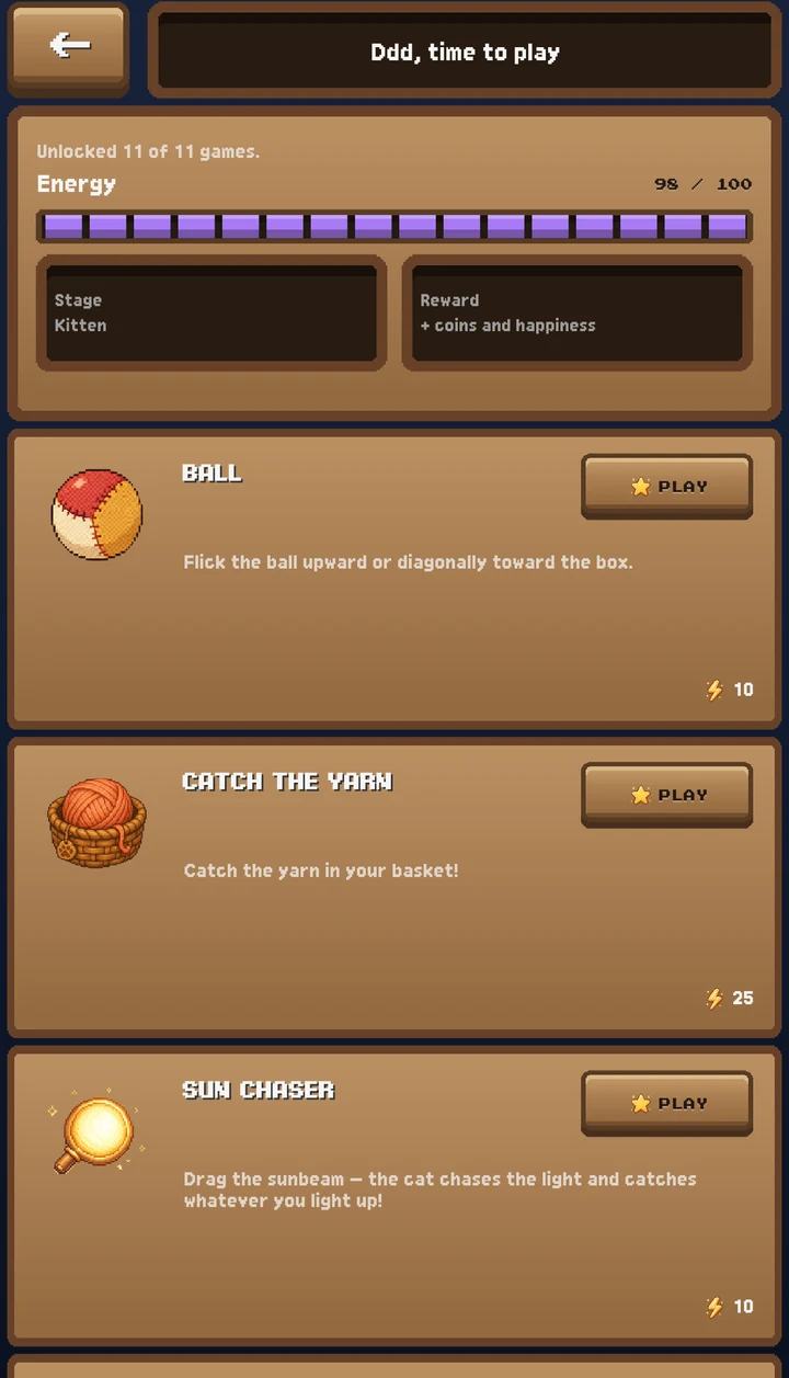 Mini-games screen